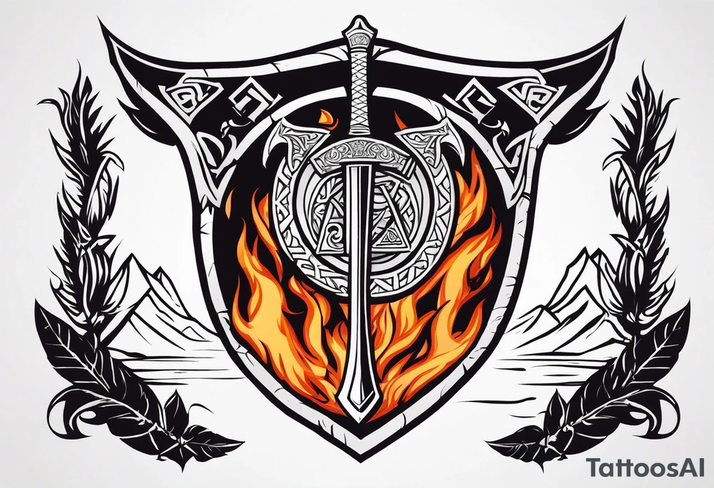 Valhalla sword shield dragon axe Valknut fire tattoo idea Valhalla sword shield dragon axe Valknut fire tattoo idea