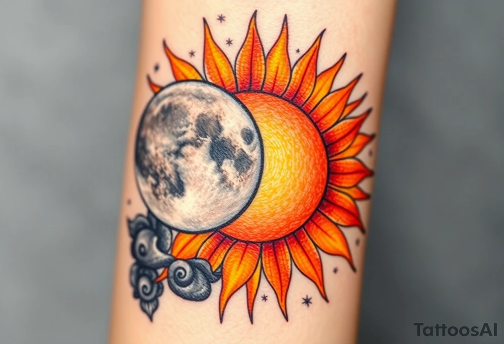 A bright, fiery sun in shades of orange, yellow, and red, radiating warmth and life, with rays stretching outward, contrasting against a cold, shadowy moon in silvery blues and grays, surrounded by swirling black clouds and darkened stars. tattoo idea
