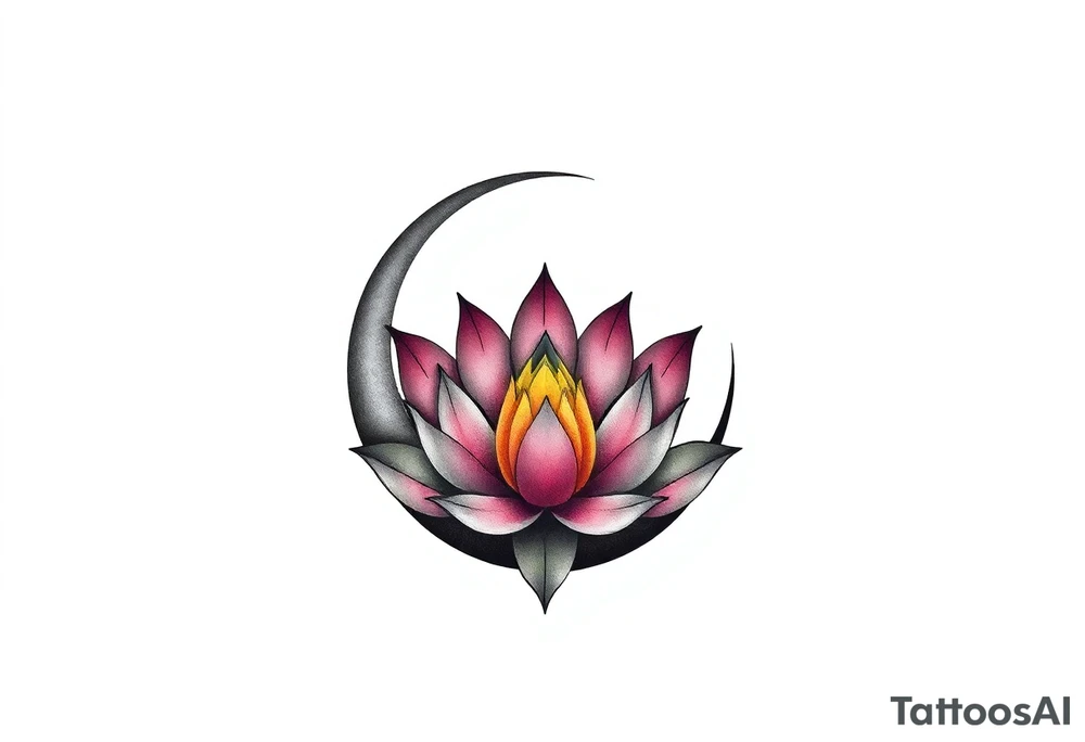 small colorful crescent moon with lotus flower tattoo idea