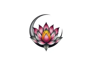 small colorful crescent moon with lotus flower tattoo idea