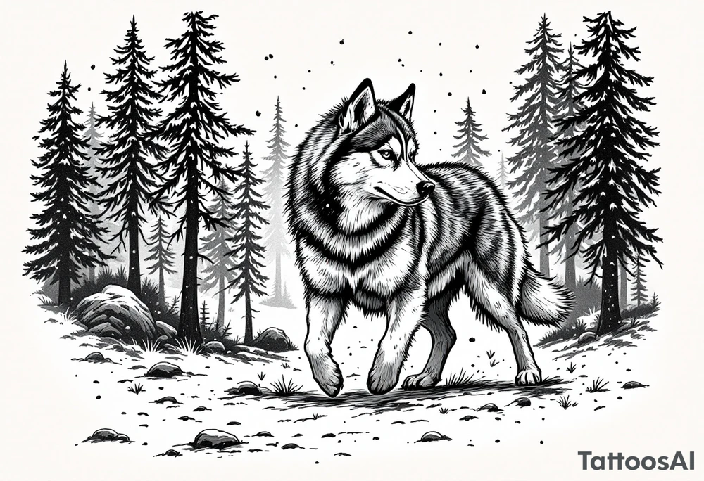 Husky in Forest Scene – Full-body husky in grayscale walking through pine trees, light snow falling, fine lines and realistic fur texture with soft shading. tattoo idea