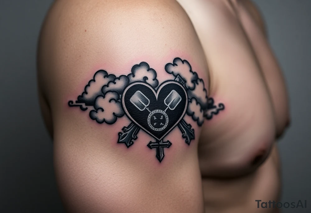 Caution tape with clouds around it, with chrome heart crosses logo African American tattoo idea