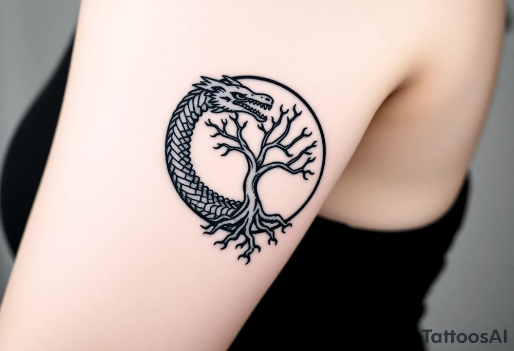 a dragon forming a circle with its body.  the dragon encircles the tree of life.  the dragon is eating the tree. the roots of the tree are strangling the dragon tattoo idea