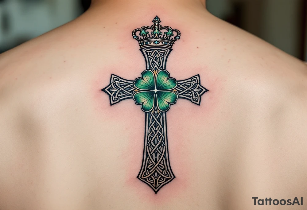 Masculine Celtic cross tattoo featuring intricate knotwork patterns along the arms and base of the cross. At the heart of the cross, place a vibrant four-leaf clover, its leaves shaded with subtle gradients of green, symbolizing luck and unity. Above the cross, incorporate a regal crown adorned with ornate details, such as small gemstones or filigree, to signify authority and strength. Behind the cross add more celtic knots and a celtic tree of life tattoo idea