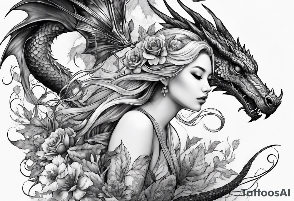 fairy nymph with a dragon friend tattoo idea