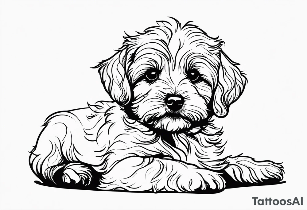 One line drawing of maltipoo laying down in a circle with his nose touching the floor tattoo idea