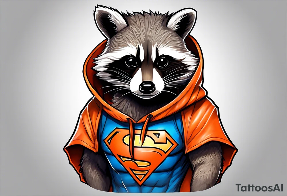 Raccoon wearing an orange Superman hoodie tattoo idea