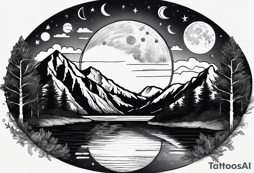 Picture of the moon phases in the sky, trees, lake, mountains and night sky in a circle with paint dripping tattoo idea