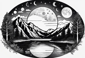 Picture of the moon phases in the sky, trees, lake, mountains and night sky in a circle with paint dripping tattoo idea