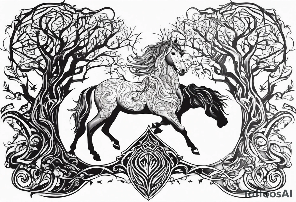 Realistic Horse and Yggdrasil tree tattoo idea