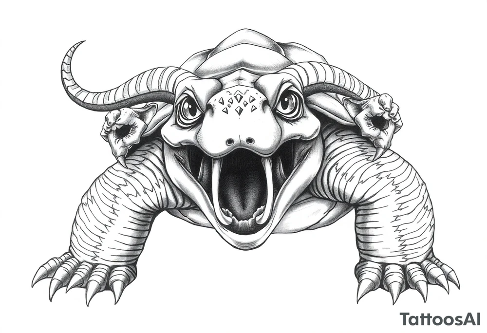 A giant and his 2 slaves powerful and angry turtle with goat horns and huge teeth and ALIEN EYES tattoo idea