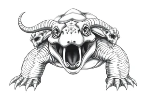 A giant and his 2 slaves powerful and angry turtle with goat horns and huge teeth and ALIEN EYES tattoo idea