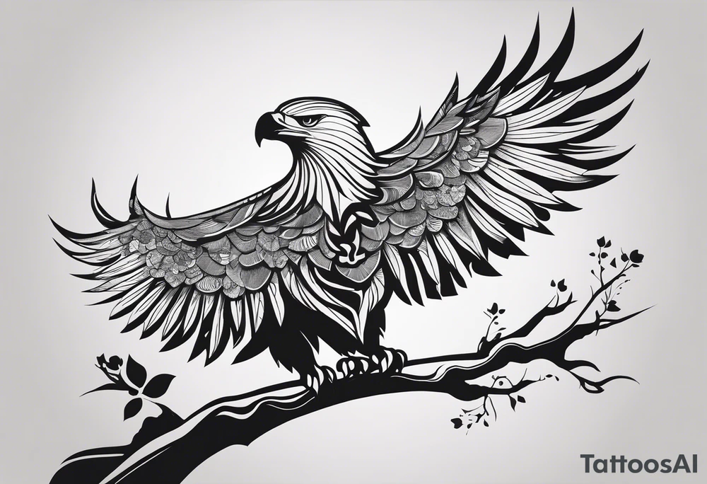 Black and white silhouette illustration of a delicate eagle perched on a branch, with intricate details of the feathers and petal-like shapes in the eagle's wings. The branch is adorned with simple outlines of flowers and leaves. The background is abstract, represented through bold, splattered lines to evoke the essence of color splashes without actual shading. The composition emphasizes the elegance and delicate nature of the eagle, focusing on its form against the minimalist abstract backdrop. tattoo idea