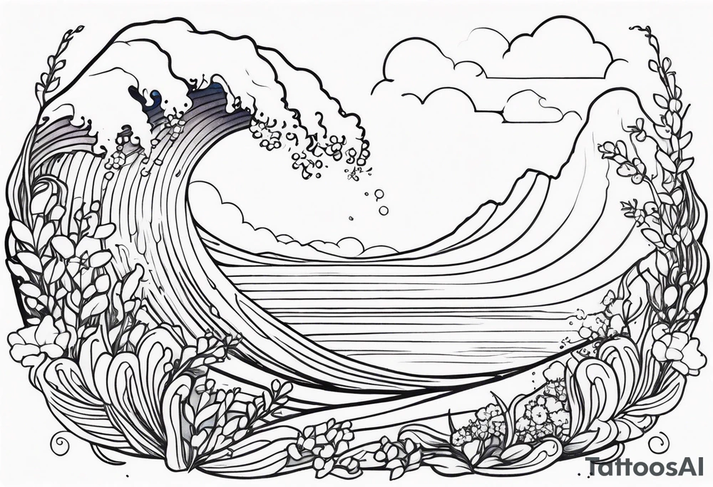 ocean wave surrounded by lupin and fireweed vines tattoo idea