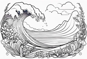 ocean wave surrounded by lupin and fireweed vines tattoo idea