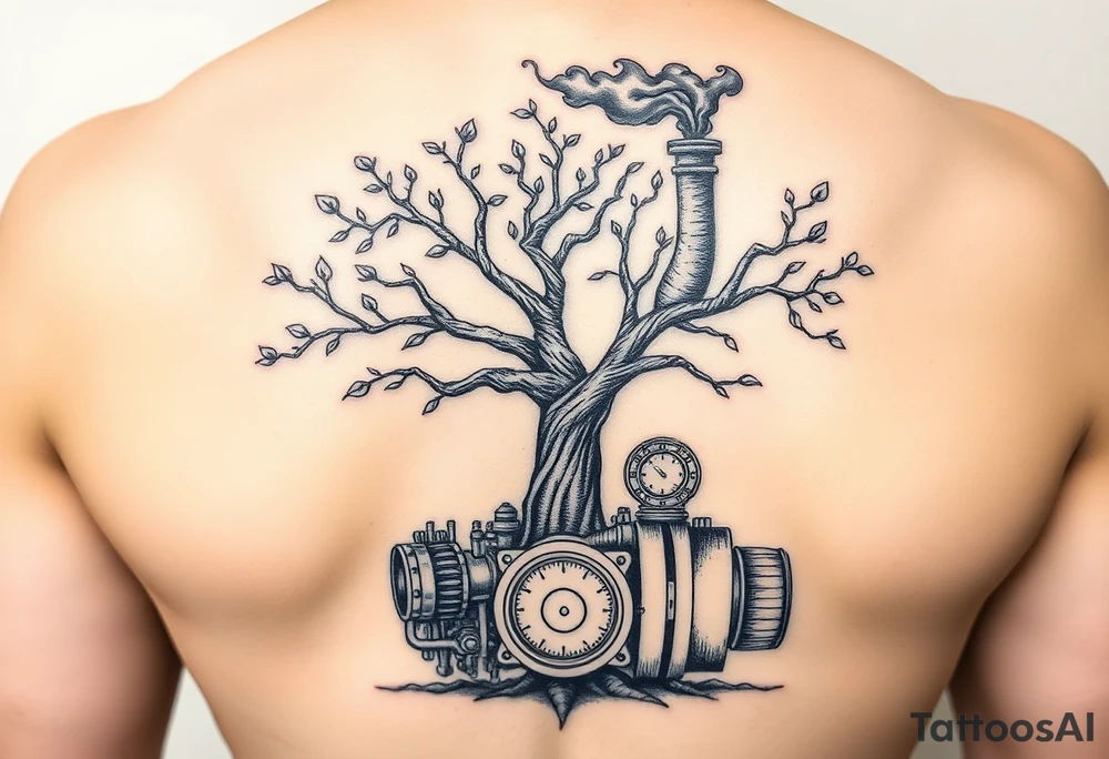 tree growing out of a v shaped engine with lots of pipes, guages and steam around the engine 
 with a smoke stack coming out of the top of the tree that has several little branches with leaves on it 
 billowing black smoke with a steam punk vibe tattoo idea
