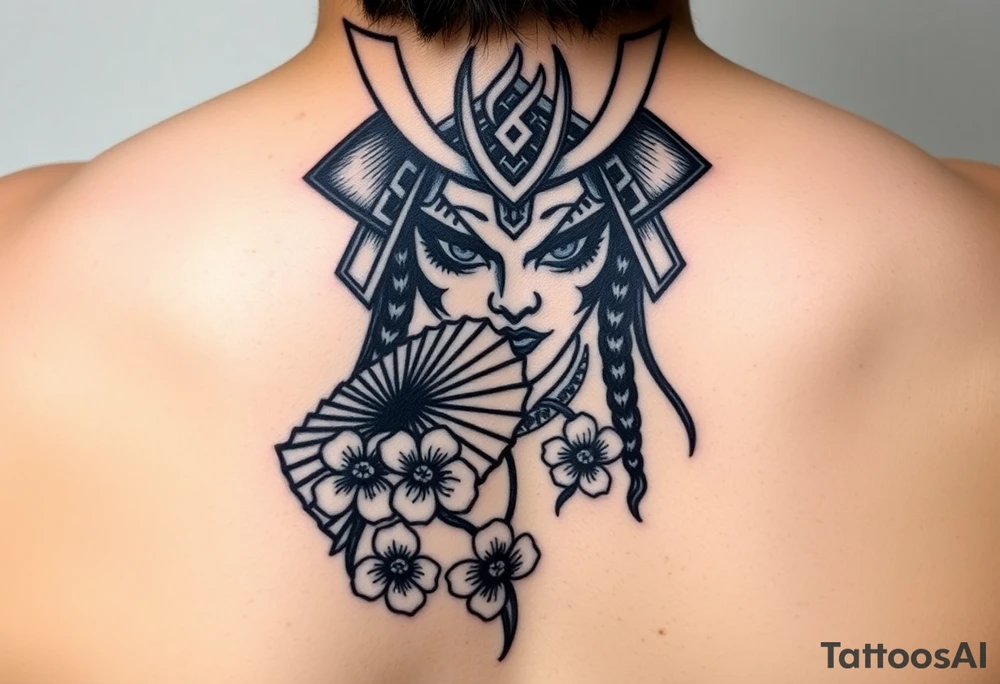 Samurai Asian face warrior
 with a fan across her face with cherry blossom tattoo idea