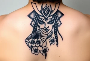 Samurai Asian face warrior
 with a fan across her face with cherry blossom tattoo idea