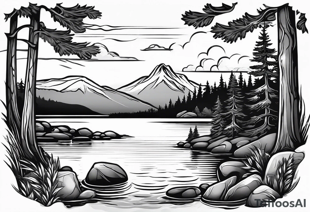 pebble beach on a lakefront with a lake surrounded by tall trees and a mountain backdrop. Has reflections across the lakewater tattoo idea