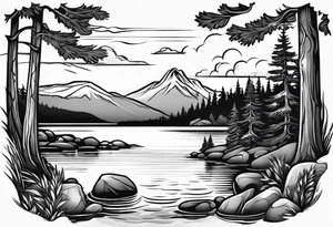 pebble beach on a lakefront with a lake surrounded by tall trees and a mountain backdrop. Has reflections across the lakewater tattoo idea