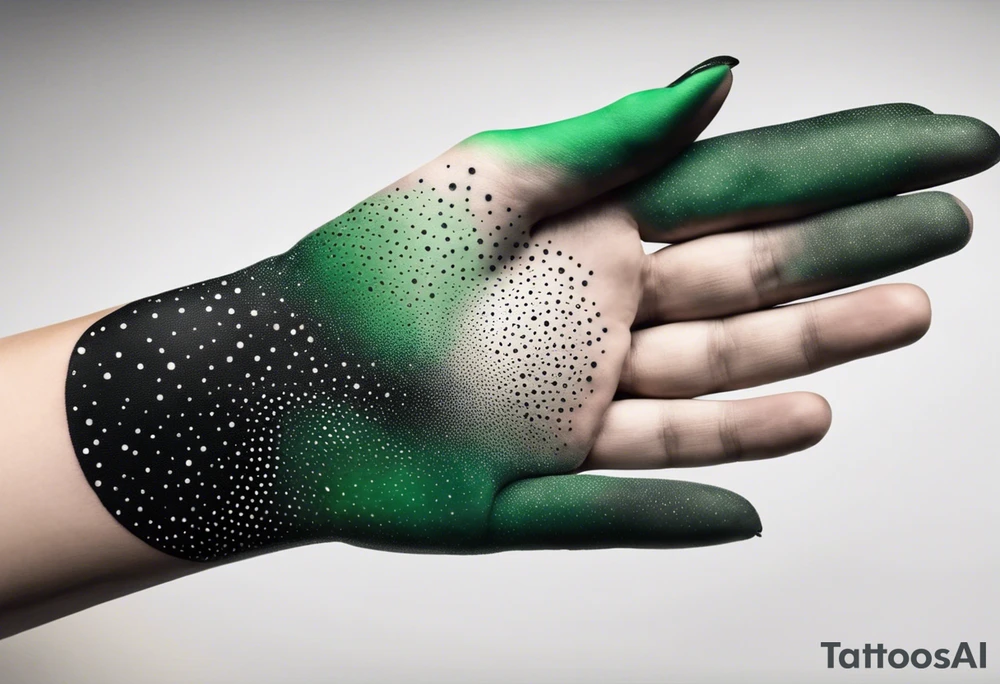 space, abstract, green and black, covered from wrist to forearm, fully covered, no borders, blackwork, no people tattoo idea