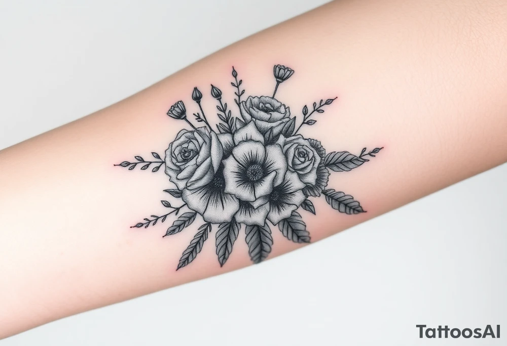 vintage bouquet of wild roses and meadow flowers with morning dew tattoo idea