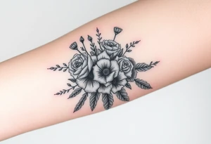vintage bouquet of wild roses and meadow flowers with morning dew tattoo idea
