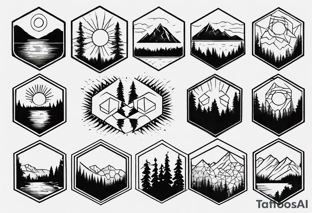 Several hexagons, within which is a mountain in the background on the right side, a sun on the left, a coniferous forest in the foreground, and a lake on the lower side tattoo idea