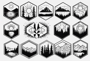 Several hexagons, within which is a mountain in the background on the right side, a sun on the left, a coniferous forest in the foreground, and a lake on the lower side tattoo idea
