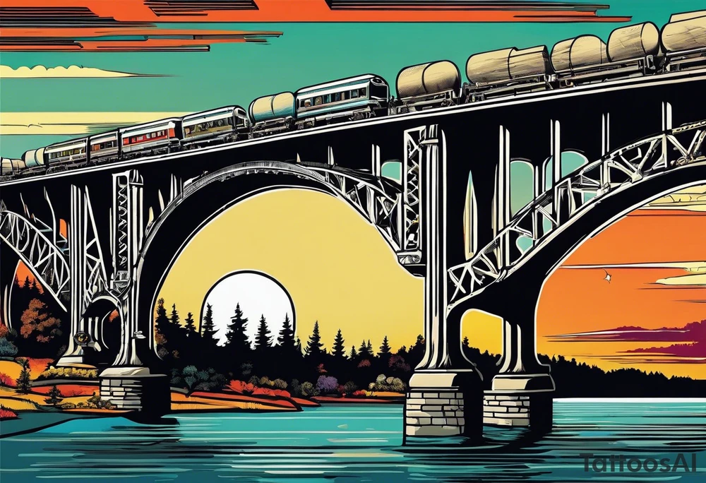 70's poster art, view from under cantilever bridge tattoo idea