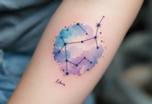 Soft watercolor shades of blue and lavender cradle the Libra star constellation pattern beneath a minimalist zodiac symbol tattoo idea