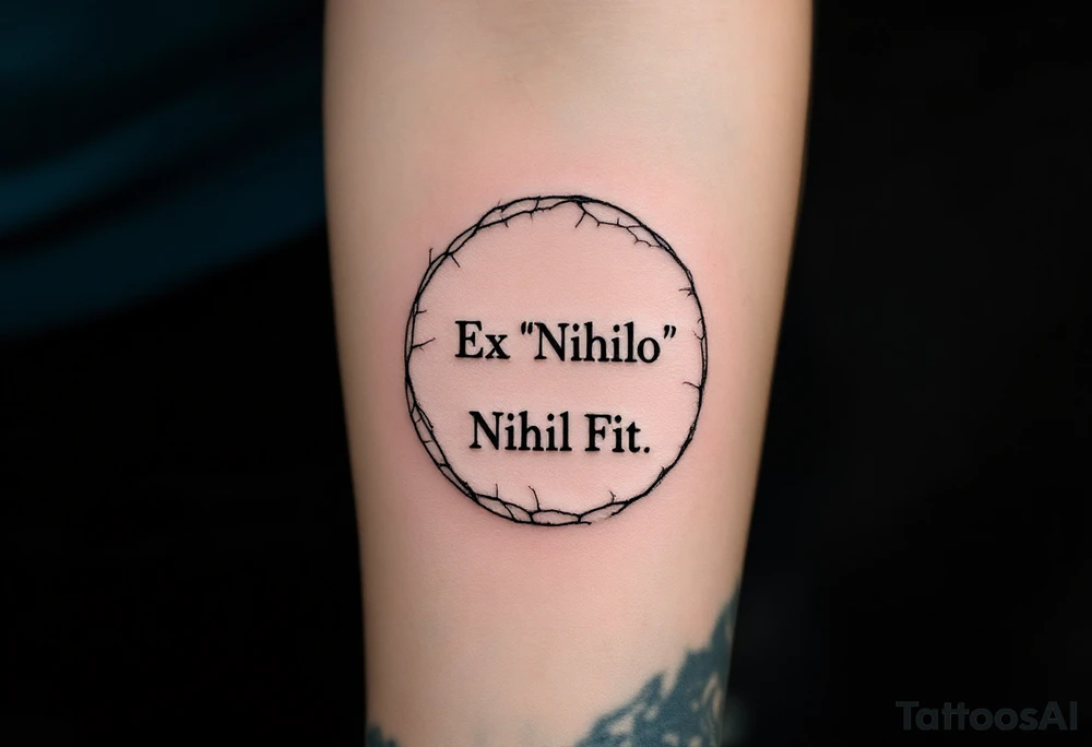 "Ex "Nihilo" Nihil Fit" (Nothing comes from nothing), in minimalist serif font, centered over a cracked empty circle or void, inked in black with subtle gray gradient to evoke philosophical depth. tattoo idea