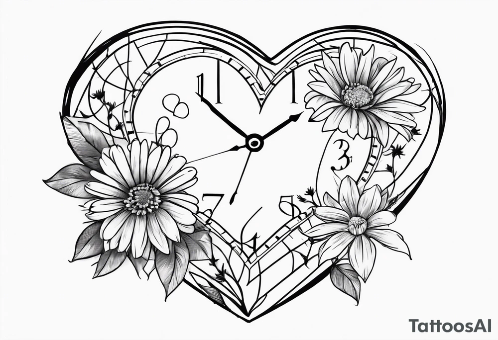 Heart with aster flowers and Cameron as the line to draw the heart and the time 8:34am written in words tattoo idea