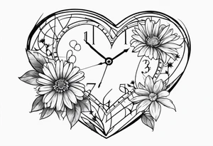 Heart with aster flowers and Cameron as the line to draw the heart and the time 8:34am written in words tattoo idea