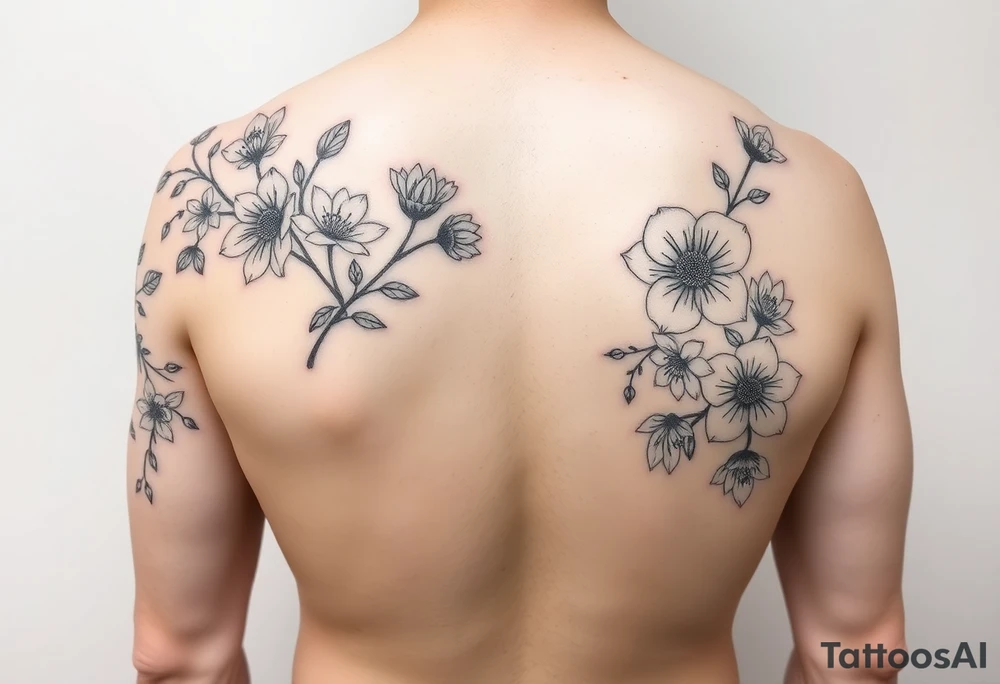 Full sleeve tattoo design of larkspur and hawthorn flowers, highly detailed line art, black ink, elegant botanical style, intertwined composition, no shading, no human mock-up, clean stencil style suitable for tattooing, fit fully within boundaries. LINE ART ONLY, REMOVE HUMAN, NO SKIN tattoo idea