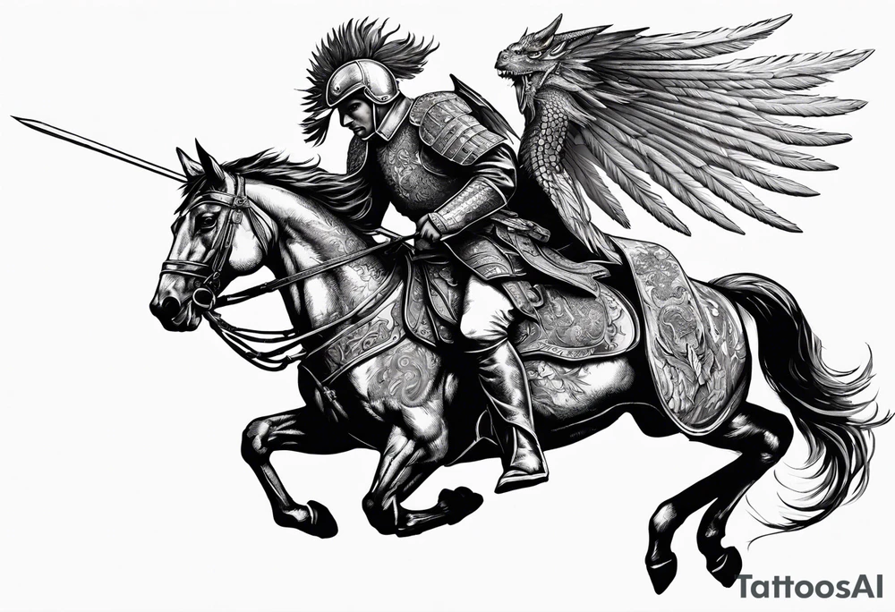 Polish Hussar Cavalry Soldier Rushing towards enemy, wings turned into dragon wings, charging with a spear that breaths fire tattoo idea