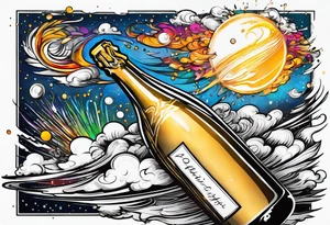 A champagne bottle exploding in the sky, above the earth which is spinning tattoo idea