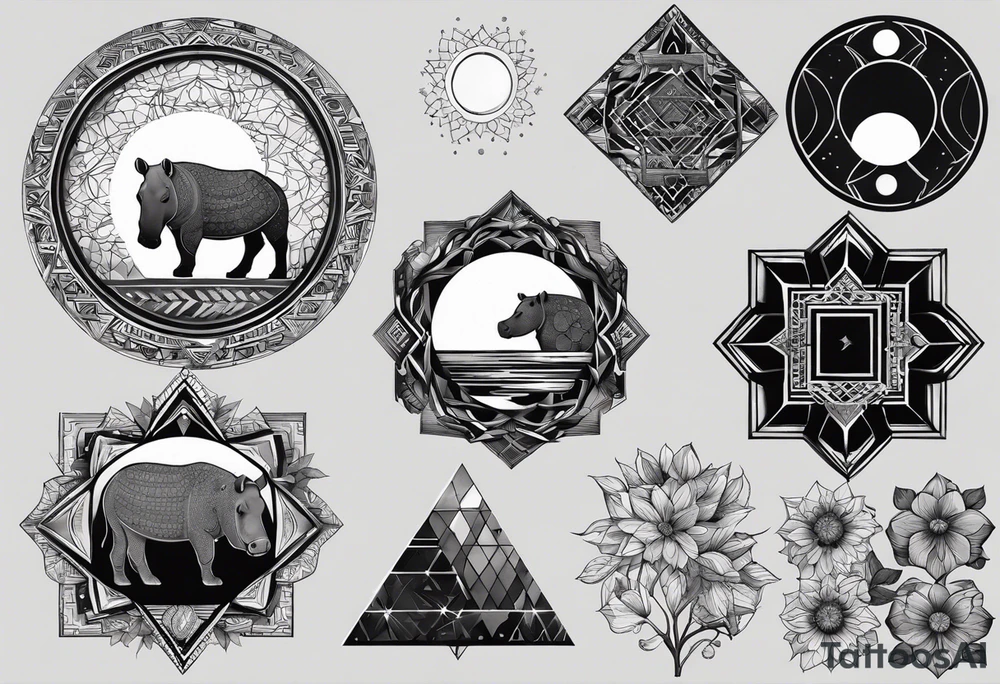 Very asymmetrical, +geometric pattern, with realistic full moon, with hippo at side look, +tribal, +geometric, +inkart , +blackwork, +grey scale, + sketch
with wintersweet flower bud, +inkart touch, +for men tattoo idea