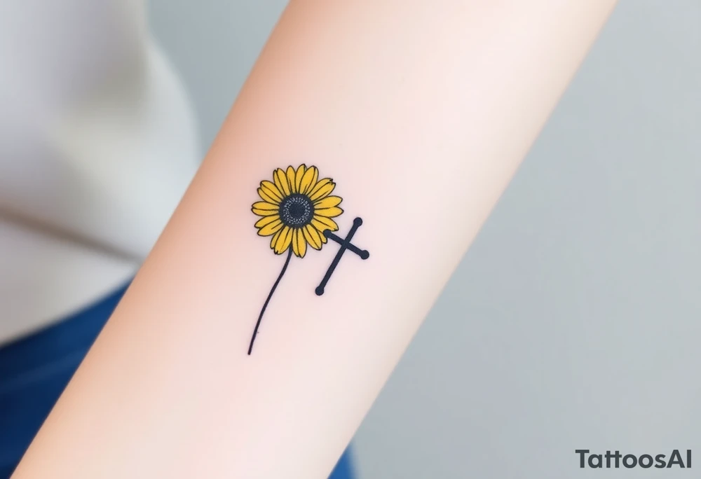 Simple yellow daisy with Purple Hearts & cross tattoo idea