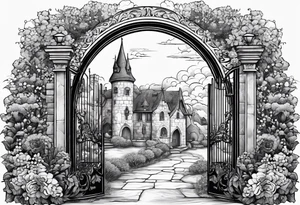 night medieval town garden open gate entrance 
 in circle vignette surrounded by clouds floral tattoo idea