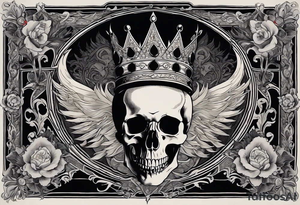This tattoo covers the chest and features a central skull wearing a large crown with intricate details, resembling a mix of royalty and death imagery. The skull has hollow eyes, sharp teeth, and is draped with a cloth, creating a haunting yet regal appearance. Above the skull, there are dark clouds that frame two contrasting figures on either side: a devilish figure on the left, with horns, holding a glass of wine and grinning mischievously, and an angelic figure on the right, smiling while holding what appears to be a sacred object.

Below the skull, skeletal hands emerge from the sides, framing a bleeding heart wrapped in a crown of thorns, reminiscent of the Sacred Heart symbol in Christian iconography. Rays of light or energy radiate from the heart, adding a powerful and spiritual touch to the design.

The overall composition blends religious and dark themes, creating a strong contrast between good and evil, life and death, all with detailed linework and shading. tattoo idea
