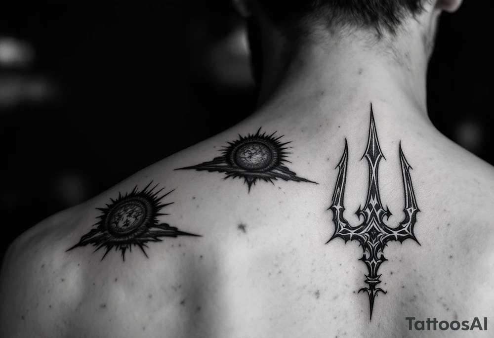 trident with 3 suns tattoo idea