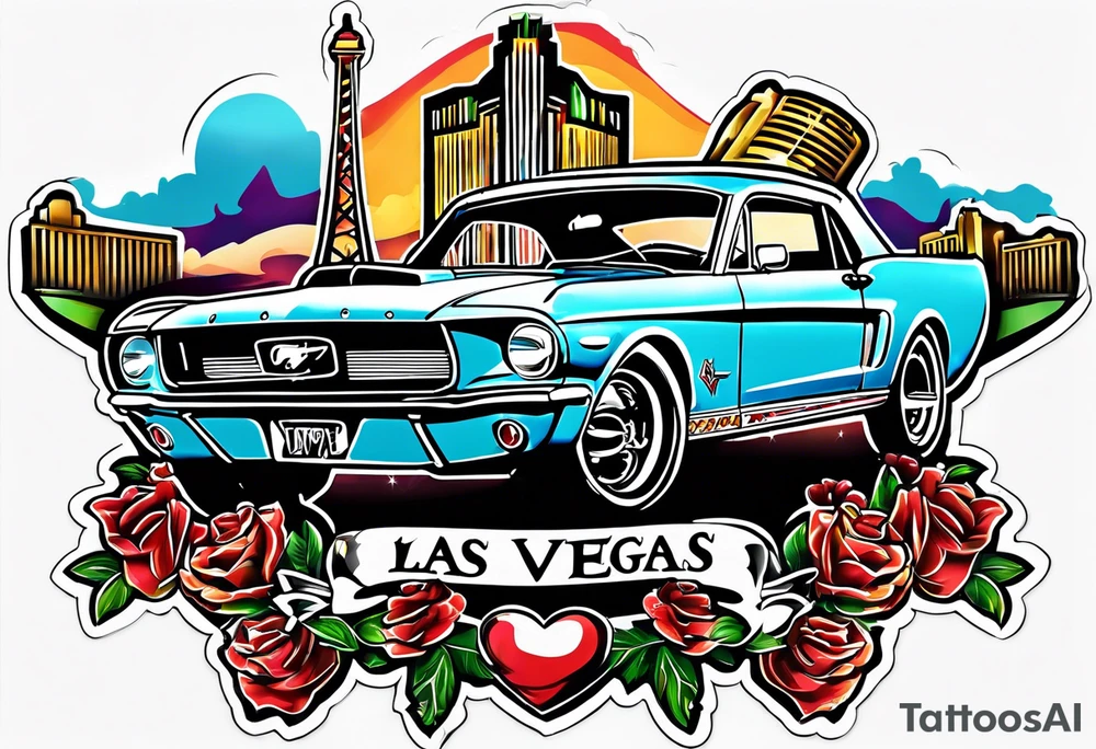 Las Vegas sign, Elvis, Ford Mustang in a border tattoo idea