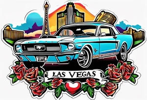 Las Vegas sign, Elvis, Ford Mustang in a border tattoo idea