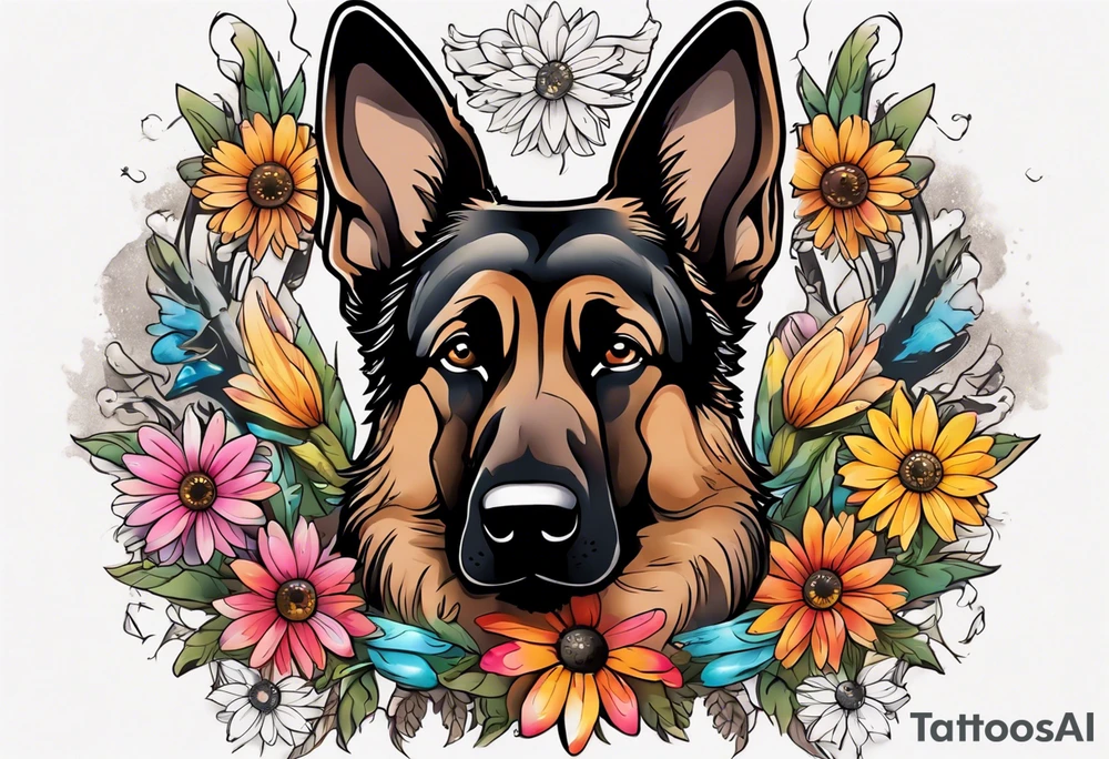 Dark Brown female German shepherd portrait surrounded by  colorful daisies tattoo idea