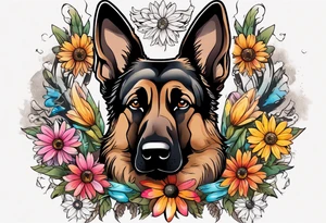 Dark Brown female German shepherd portrait surrounded by  colorful daisies tattoo idea