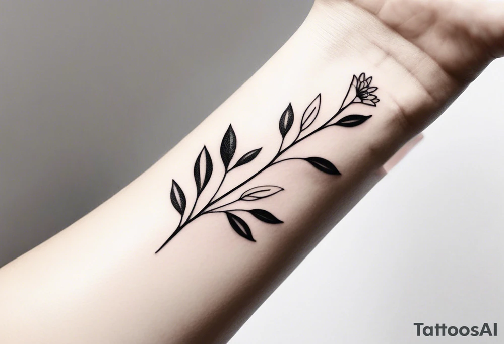 unique small feminine minimalist tattoo of a stick with leafs and flower on wrist tattoo idea