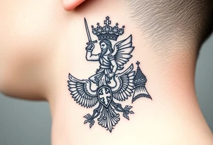 St. George slaying the dragon (hugely common in Russian Orthodox art)
Russian imperial crown above the eagle
Crossed swords or a Russian sabre
The Kremlin or St. Basil's Cathedral scene tattoo idea