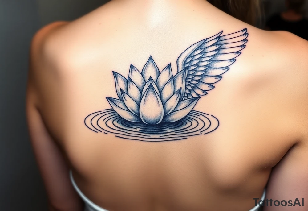 serene lotus flower emerging from sacred waters with ripples beautiful angel wing with word "Warrior" tattoo idea