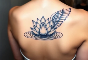 serene lotus flower emerging from sacred waters with ripples beautiful angel wing with word "Warrior" tattoo idea